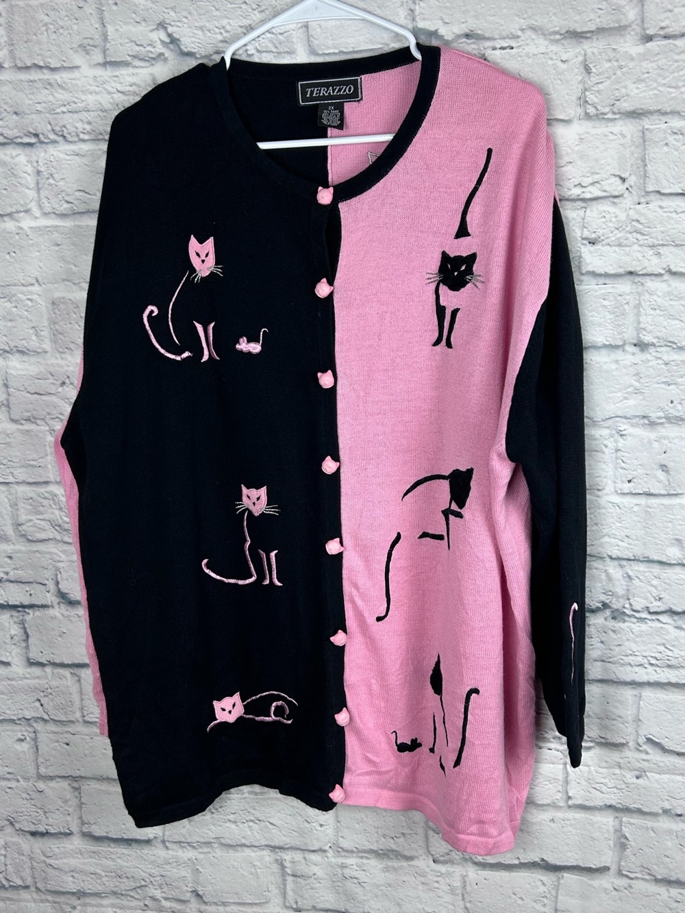 Terazzo Vintage Cat Sweater Cardigan 2X Pink Black Novelty Knit Cat Buttons